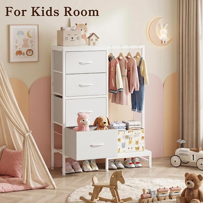 HIGDBFE Tall Dresser 44''H with Hanging Rack, 4 Drawers Small Closet Dresser for Bedroom, Reversible Fabric Chest of Drawers with Clothes Rack, Tall Storage Tower, Sturdy Frame, White - Image 6