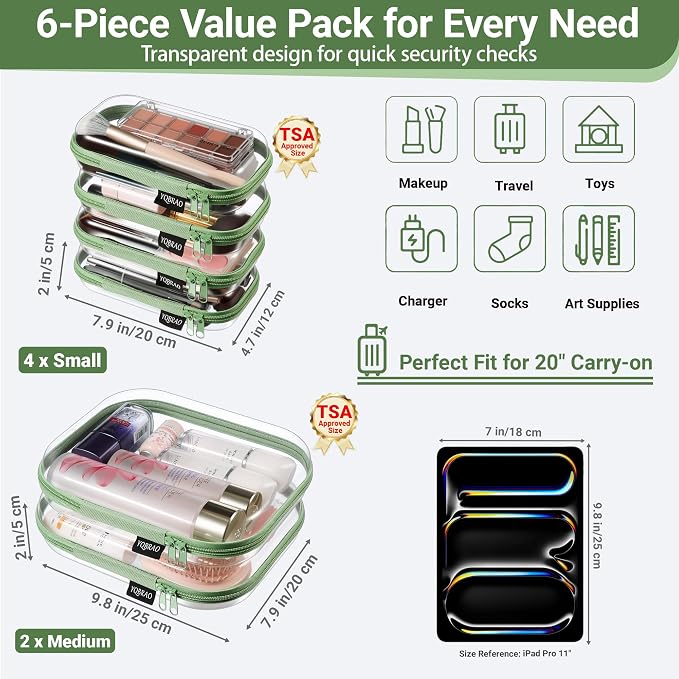 6 Pack Green Clear Hard Shell Beauty Organizer (2M+4S), 1.2mm Heavy Duty Crush-Proof Cosmetic Case, Reinforced YKK Zippers, Stadium Approved Security Bag for Skincare & Electronics, Multi-Size Set - Image 4