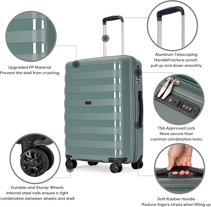 GinzaTravel PP material 3-piece expandable luggage sets with Spinner Wheels， Suitcase with TSA Lock，Large Luggage for Family Travel carry on 20/24/28，Dark green color - Image 6