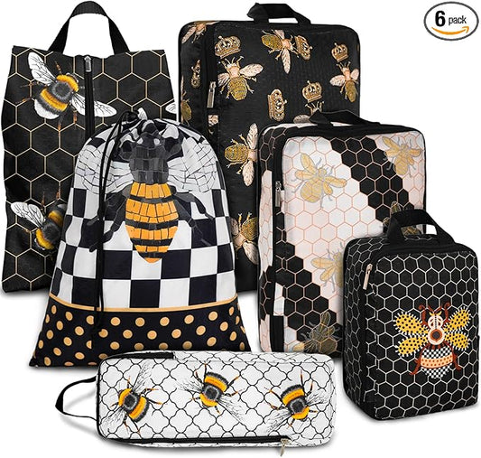 6 Pcs Compression Packing Cubes Waterproof Suitcase Travel Bag Luggage Backpack Organizer Travel Cubes for Packing-Black and Gold Bees by Unknown