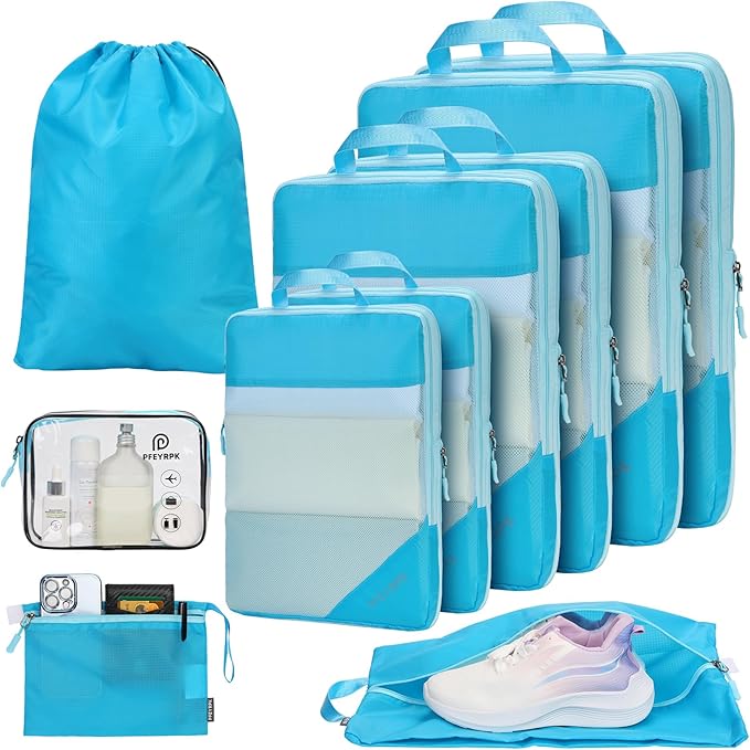 PFEYRPK Lightweight Compression Packing Cubes for Suitcases, Compressible Expandable Travel Packing Organizer with Clear Toiletries and Backpack Bag, Travel Essentials for Carry on Luggage 7 Set by PFEYRPK