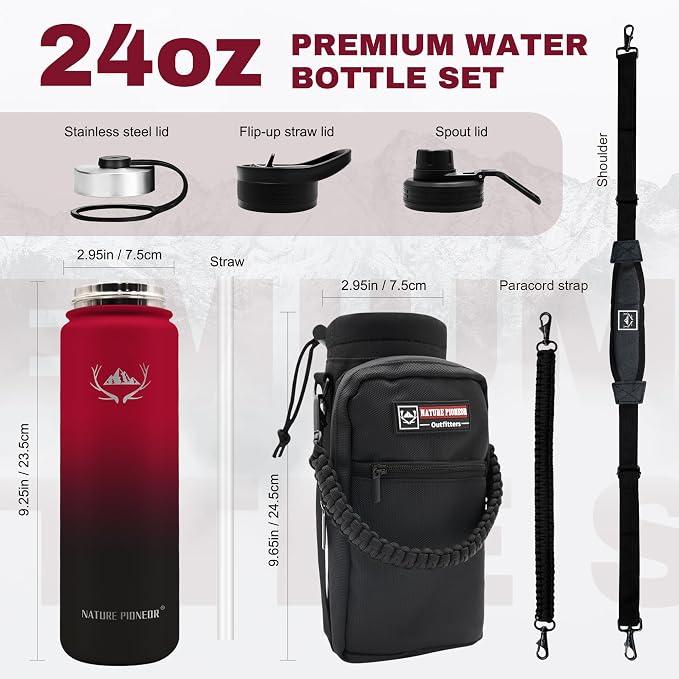 NATURE PIONEOR 24 oz Insulated Water Bottle with Carrier Bag & 3 Lids | 18/8 Food-grade Stainless Steel, Double Vacuum Insulation, 3 Leak-proof Lids, Strap, Camping, Hiking, Gym, Work - Image 6