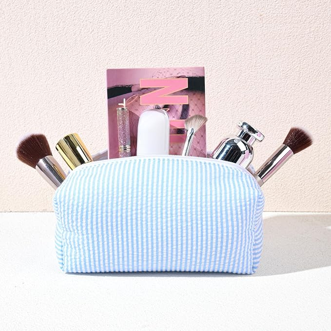 SOIDRAM 12PCS Striped Makeup Bag Preppy Cosmetic Bag Bulk Blue Makeup Pouch Personalize Travel Toiletry Bag Organizer Cute DIY Makeup Brushes Storage Bag for Women - Image 7