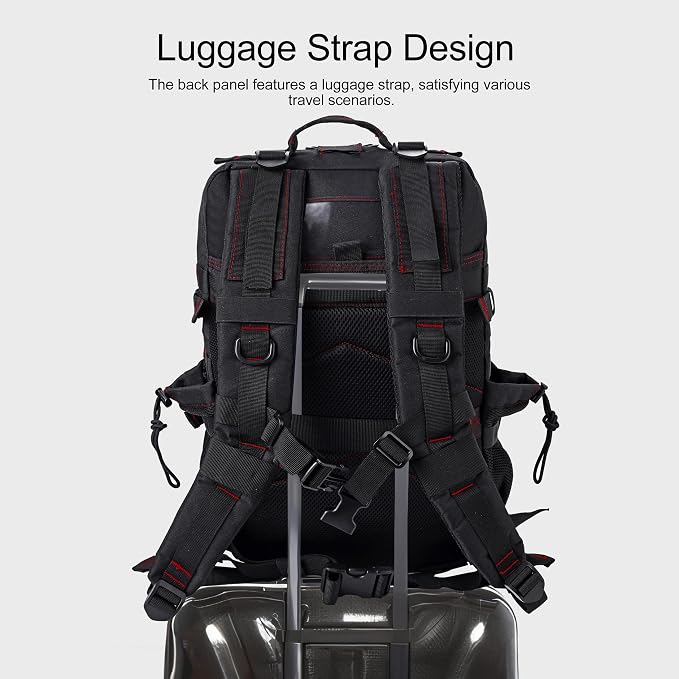 LHI Military Tactical Backpack for Men and Women 45L Army 3 Days Assault Pack Bag Large Rucksack with Shoe Compartment - Black red line - Image 6