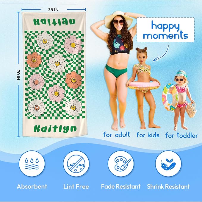 JML Personalized Beach Towel with Name, Custom Flower Beach Towel, Customized Microfiber Pool Towel, Quick Dry & Absorbent Swim Towel for Adult,Mother's Day, Birthday, Summer Holiday,Vacation - Image 3