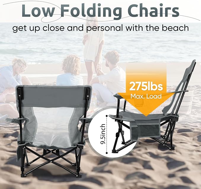 HaSteeL Folding Beach Chair Set of 2, Foldable Grey Camping Chairs for Outside, Low Beach Chair Portable for Adults Fishing, Picnic, Outdoor BBQ, Travel, Sports, Cup Holder & Storage Bag - Image 7
