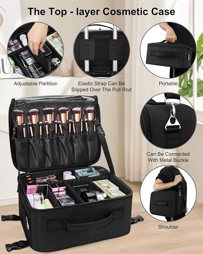 Relavel Rolling Makeup Case Professional Makeup Train Case, Rolling Makeup Kit Bag Makeup Artist Travel Bag with Wheels, Portable Travel Beauty Trolley Case for Cosmetology Storage(Black) - Image 3