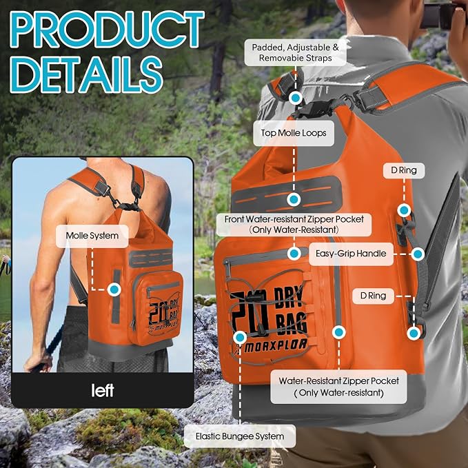 MORXPLOR Dry Bag Waterproof,5L/10L/20L/30L/40L/55L Roll Top Dry Bag Backpack with WaterProof Phone Case for Swim,Kayak - Image 5