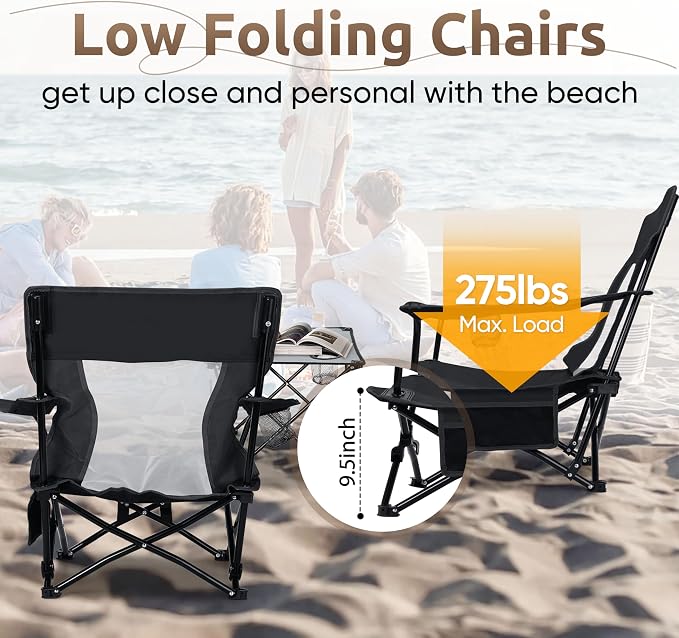 HaSteeL Folding Beach Chair Set of 3, Foldable Black Camping Chairs & Grey Table for Outside, Low Beach Chair Portable for Adults Fishing, Picnic, Outdoor BBQ, Cup Holder & Storage Bag - Image 7