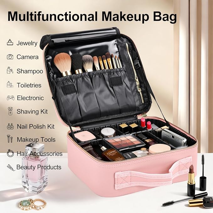 Travel Makeup Bag with Brush Holder, Professional Cosmetic Train Case Organizer for Women, Portable Travel Makeup Brush Carry Case Cosmetic Artist Storage Box with Adjustable Dividers, Leather Pink - Image 5