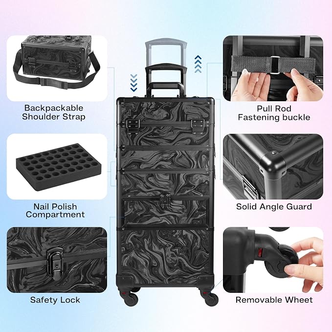 Somduy Rolling Makeup Case with Drawer, Makeup Train Case, 4 in 1Cosmetology Case on Wheels, Christmas Gift, Large Makeup Organizers, Profesional Cosmetic Case for Salon Barber, Pattern Black - Image 7