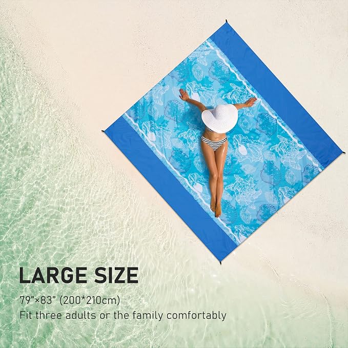 WIWIGO Beach Blanket Sandproof Extra Large Beach Mat Adults Waterproof Quick Drying Sand Free Mat Made by Premium Polyester with 4 Stakes & 4 Corner Pockets for Outdoor Travel Camping Hiking - Image 3