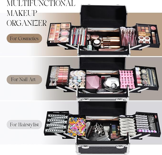 Yueieoun Rolling Makeup Train Case, 4-in-1 Cosmetology Case on Wheels, Nail Tech Cart for Travel, Professional Cosmetic Vanity Case, Suitcase for MUA/Manicure/Tattoo/Style, Lockable Storage Box, Black - Image 2
