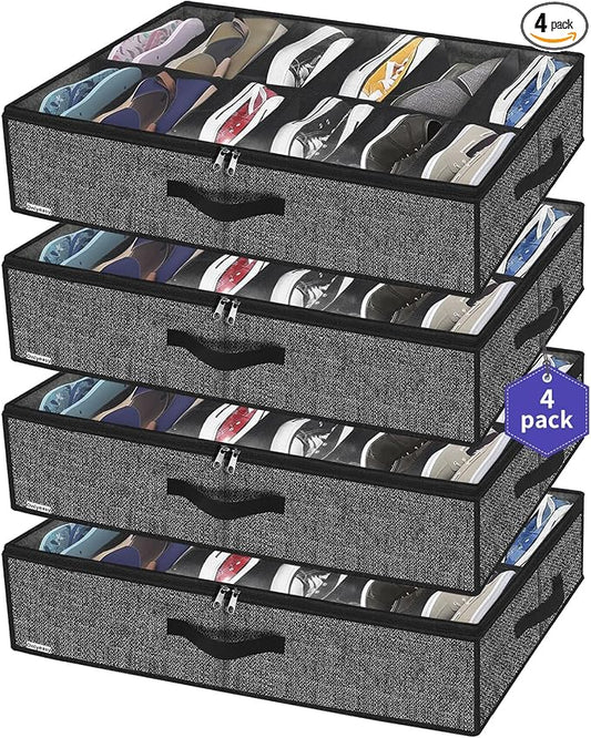 Onlyeasy Under Bed Shoe Storage Organizer For Closet, 4 Pack Fit 12x4 Pairs, Underbed Solution Shoes Container Bags with Sturdy Sidewall & Reinforced Handles, Breathable, Linen-like Black, MXAUBSB4P by Onlyeasy