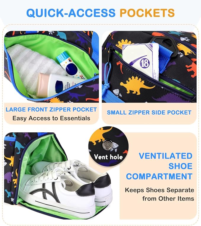Kids Duffle Bag,VASCHY Travel Bag for Boys Water Resistant Overnight Duffle Gym Sport Dance Bags with Shoes Compartment Dry and Wet Pocket Carry On Weekender Bag Blue Dinosaur - Image 4