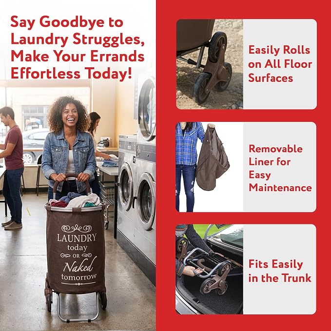 dbest products Stair Climber Laundry Trolley Dolly, Brown Laundry Bag Hamper Basket cart with wheels sorter - Image 2