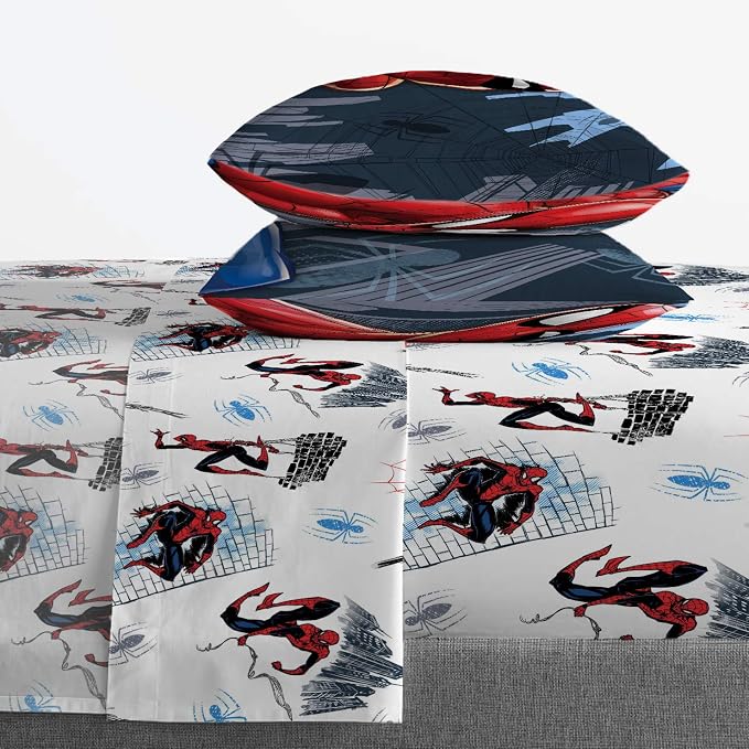 Jay Franco Kids Sheet Set with Fitted, Flat Sheets & Pillow Cover - Ultra-Soft Bedding with Pillowcase for Room Decor, White - Spiderman, 4 Piece Full - Image 4