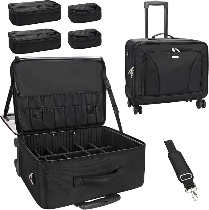 MONSTINA Rolling Makeup Train Case, Cosmetology Case on Wheels Makeup Artist Bag Professional Cosmetics Beauty Hairdresser Bag Hairstylist Cosmetic Bag with 4 Bags Extra Large Makeup Bag with Wheels - Image 9