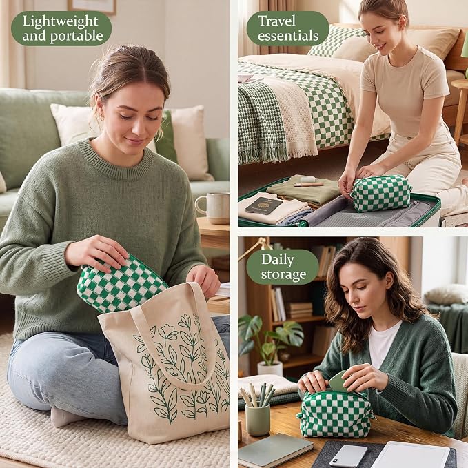 Gilprop 8 Pcs Checkered Makeup Bag for Purse Small Cosmetic Pouch Bulk Portable Zipper Makeup Pouch Travel Toiletry Organizer Gifts for Women Bridesmaid Wedding Party Favors (Dark Green) - Image 6