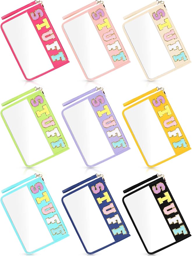 Nuanchu 9 Pcs Clear Stuff Pouch Bags 11.8 x 7.8 Inch PVC Chenille Letter Makeup Bags Bulk Water Resistant Travel Cosmetic Snack Pouches Operation Christmas Items Bulk by Nuanchu