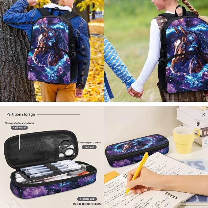 POLERO Floral Horse Backpacks for Girls Aesthetic Bookbags for Elementary Middle Schools 4Pcs Kids School Bag with Lunch Box - Image 4