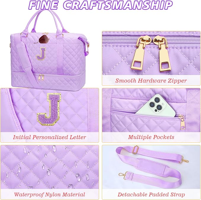 Teen Girls Trendy Stuff Initial Travel Duffle Bag Quilted Weekender Bags Carry-On Overnight with Cosmetic Bag, Gym Bag with Shoe Compartment Hospital Bag for Women Labor Delivery, Purple-J - Image 6