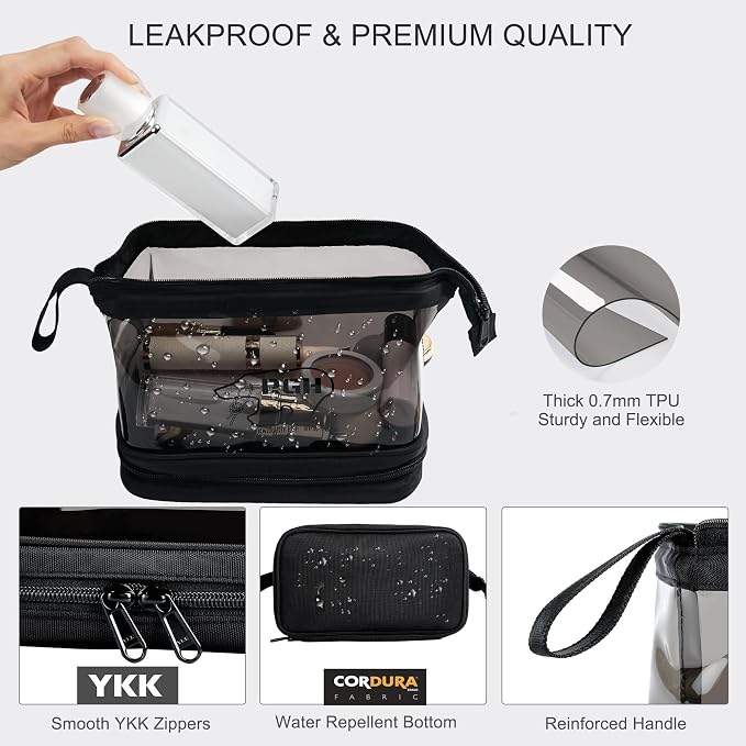 Rough Enough Clear Cosmetic Bag for Women and Men, Leakproof Travel Makeup Organizer, with Detachable Brush Pouch, Large Opening, 6.5”x5”x8.5”, Black - Image 4