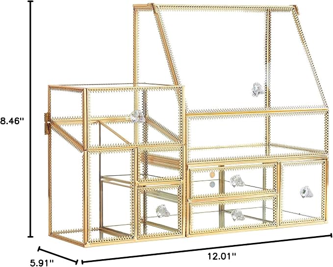 Tempered Glass Makeup Organizer with Gold Heart Shaped Metal Frame, Large Cosmetic Storage Drawer Cabinet, Dustproof Vanity Display Case for Lipstick Makeup Brush Skincare - Image 9
