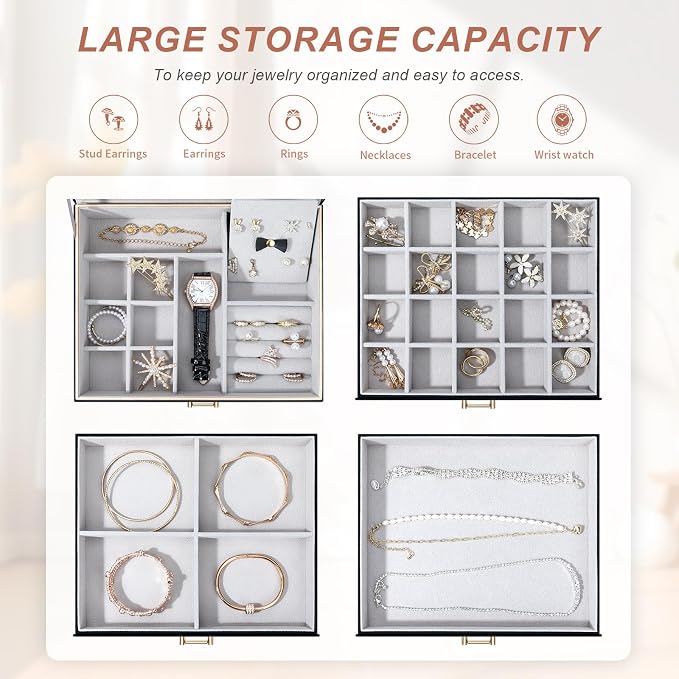 Jewelry Boxes for Women, Large Jewelry Storage Boxes, 4-Layer Leather Jewelry Organizer with 3 Drawers, Jewelry Display Case Gift for Women Girls, Black - Image 4