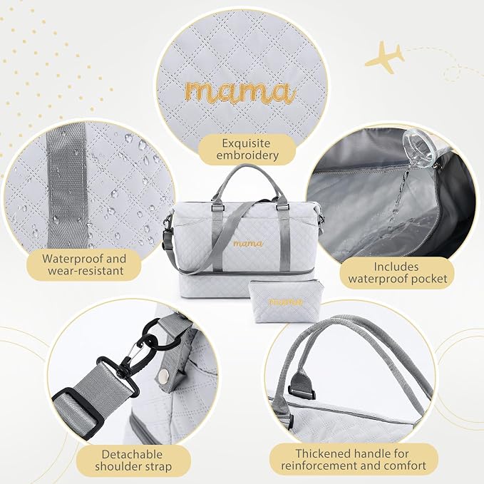 Dansydaisy Mama Hospital Bag for Women Labor Delivery Travel Duffle Bag with Shoe Compartment and Toiletry Pouch Waterproof Letter Embroidered for Pregnancy Weekender Overnight Gym Gift, Gray - Image 4