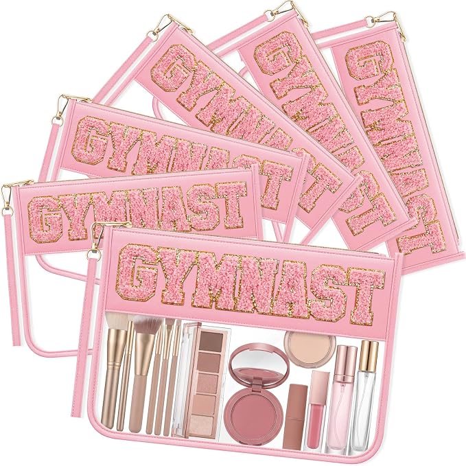 6 Pcs Gymnastics Gifts Cosmetic Makeup Bags, Pink Clear PVC Zipper Pouch with Chenille Letter Patch, Waterproof Travel Toiletry Storage Bag for Team Girls Women Party Favor by Unknown