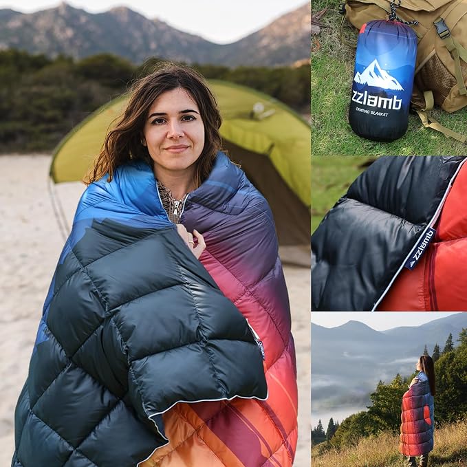 zzlamb Puffy Down Camping Blanket Water-Repellent, Down Throw Travel Blanket Portable for Outdoor, Light Warm Quilt for Couch Plane Car Theater Stadium Picnic RV Backpacking Hammock - Image 2