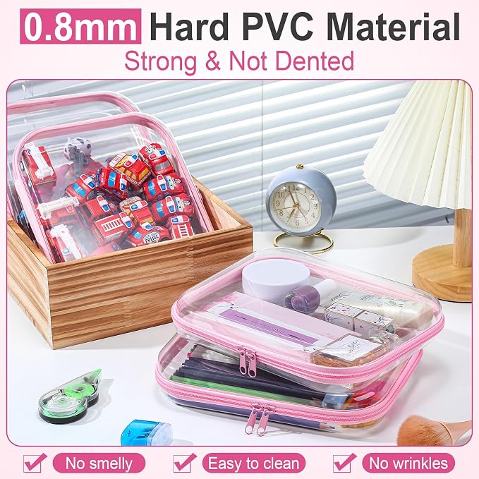 Sanwuta 6 Pcs Clear Hard Zipper Case Plastic Zipper Pouches Transparent Makeup Bag Pencil Case Pouches Toiletry Diaper Bag for Travel Toy Storage Organizer Bins(Pink,9.84 x 7.87 x 2 Inch) - Image 4