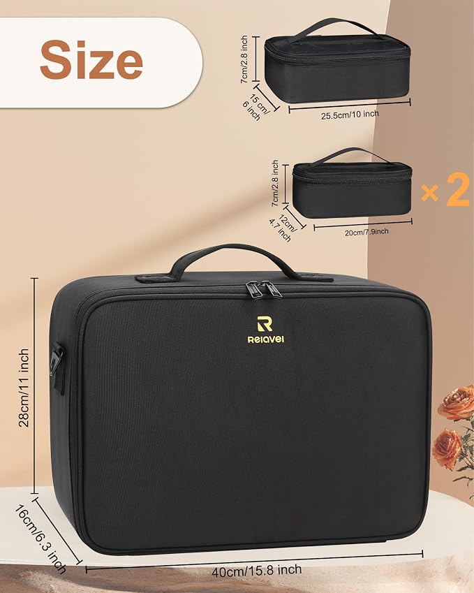 Relavel Large Makeup Bag with 3 Removable Pouches, Travel Train Case Cosmetic Organizer Carrying Box for Makeup Artists Hairstylist with Adjustable Dividers, Brush Holder and Shoulder Strap, Black - Image 6