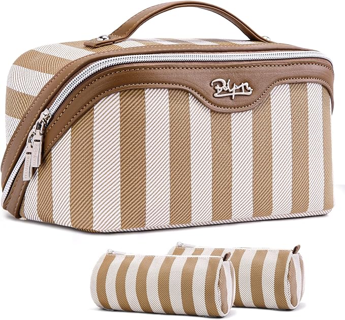 BOYATU Travel Makeup Bag for Women: Large Cosmetic Bag Set of 3 - PU Leather Make up Bag with Compartments - Compact Waterproof Toiletry Bag with Divider & Handle (B-5-Brown) by BOYATU