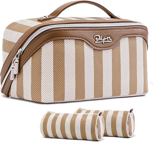 BOYATU Travel Makeup Bag for Women: Large Cosmetic Bag Set of 3 - PU Leather Make up Bag with Compartments - Compact Waterproof Toiletry Bag with Divider & Handle (B-5-Brown) by BOYATU
