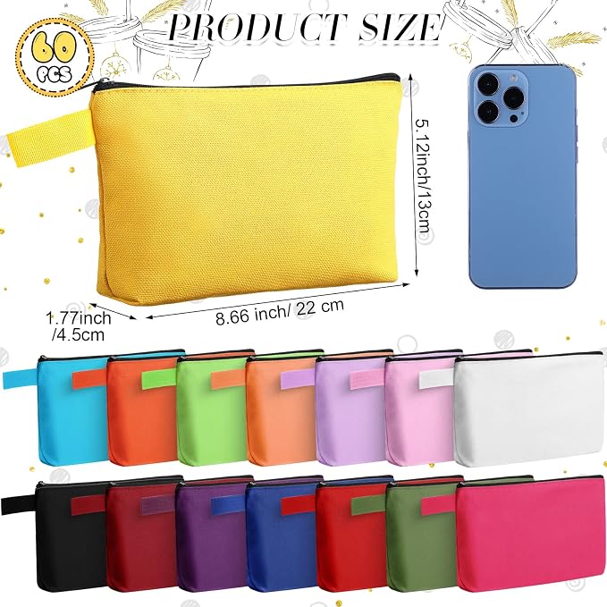 Reginary 60 Pcs Multicolor Canvas Makeup Bag Bulk Portable Travel Cosmetic Pouch Versatile Blank Toiletry Bag with Zipper for Women DIY Craft Purse Pencil Case (8.6 x 5 x 2 Inch) - Image 3