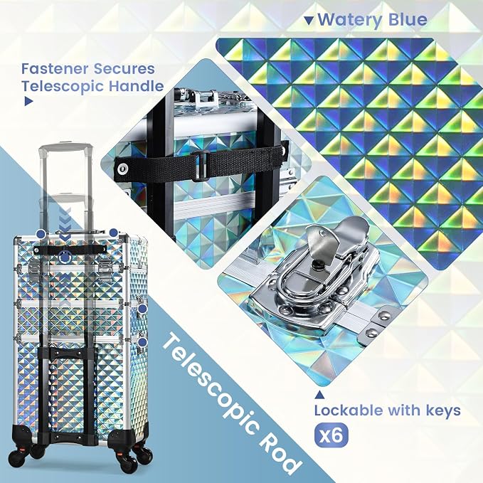 FRENESSA Rolling Makeup Train Case Cosmetology Case on Wheels 3 in 1 Blue | Cosmetic Trolley Large Storage with Keys 360° Swivel Salon Barber Case Traveling Cart Trunk for Artist Hairstylists Nail Tech - Image 6