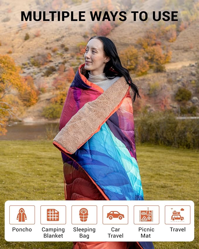 KingCamp Large Camping Blanket with Sherpa Lining, Packable Down Alternative Puffy Printed Wearable Blanket with Snap Buttons, Warm Weatherproof Quilt for Outdoor Travel (79" L x 57" W, Peak) - Image 6