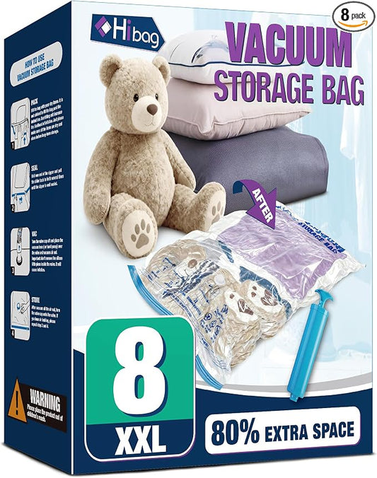 XXL Jumbo Vacuum Seal Storage Bags Extra Large for Clothing Bedding | 47''X35'', Airtight Triple Seal, Save 80% Space, Hand Pump, Work with Vacuum, Double Zip, Reusable, Easy to Use, 8 pack by HIBAG