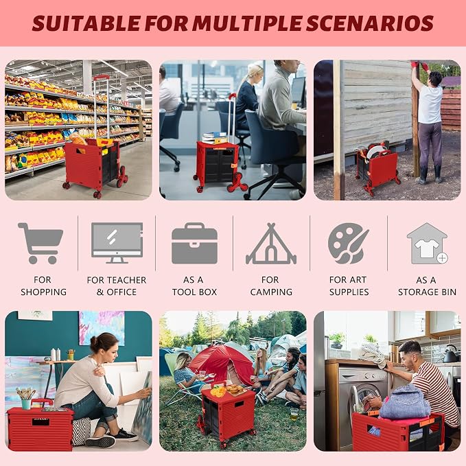 FELICON SELORSS Folding Utility Climber Cart Portable Rolling Crate-Red | Stair Climbing Wheels+360°Swivel Wheels,Telescoping Handle,Plastic Box Dolly for Travel Shop Move Laundry Office Teacher Use - Image 5