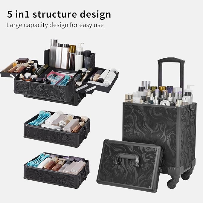 Somduy Rolling Makeup Case, Makeup Train Case with Lid, 5 in 1 Cosmetology Case on Wheels, Christmas Gift, Large Makeup Organizers, Profesional Cosmetic Case for Salon Barber, Pattern Black - Image 4