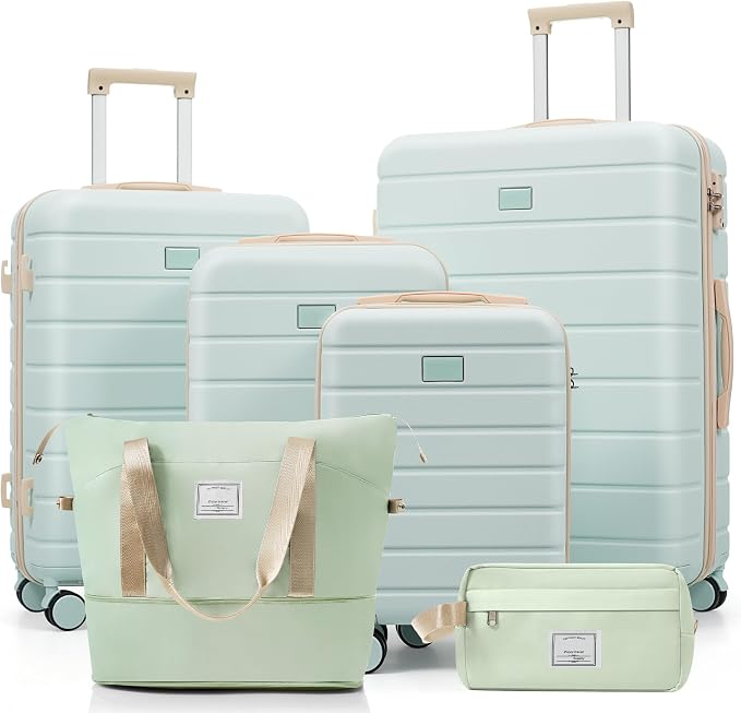 Grey Green 6 Piece Luggage Set Hard Shell - Checked Suitcases with Spinner Wheels & Expandable Duffel Bags for Family Travel, Durable Carry On Luggage Sets with Lock for Women and Men by Unknown