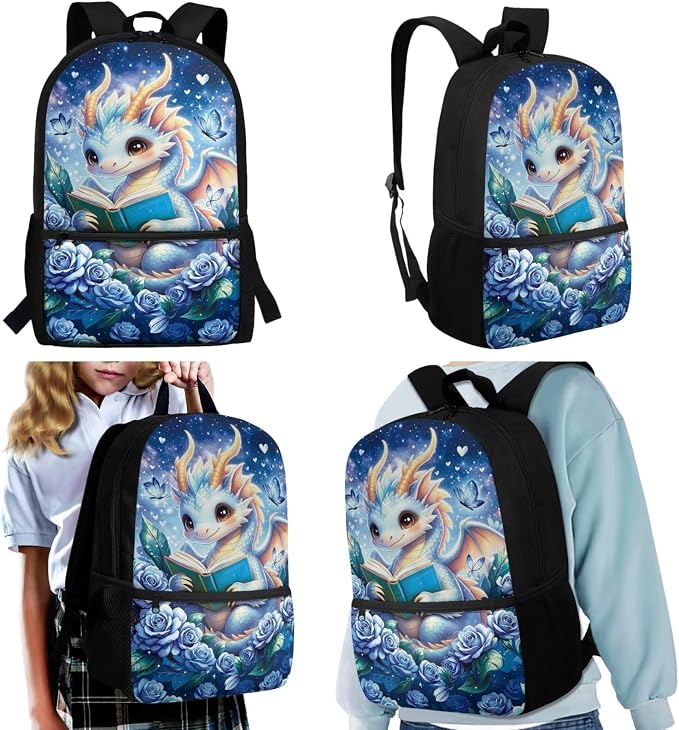 Reading Dragon Backpack for Kindergarten Elementary Kids 4 Piece Children School Supplies Set and Lunch Bag, Pencil Case & Water Bottle Sleeve 17'' Large Capacity Bookbag Fits 15+ Books - Image 2