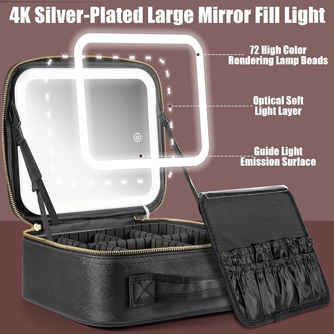 Extrei Gent Makeup Travel Train Case with Mirror LED Light 3 Adjustable Brightness Large Cosmetic Bag Portable Storage Adjustable Partition Waterproof Makeup Brushes Make up Jewelry Gift for Women - Image 4
