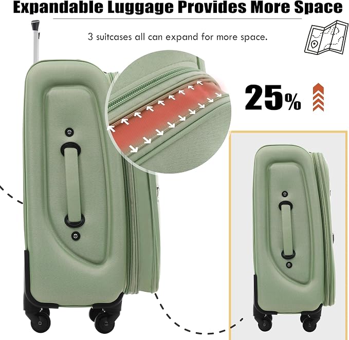 Merax 3 Piece Luggage Set,Expandable Softside Suitcase Set.Light Green | Carry-On Luggage Included,Durable and Lightweight Travel Suitcase Set with Spinner Wheels and TSA Lock.22"/26"/30" - Image 3