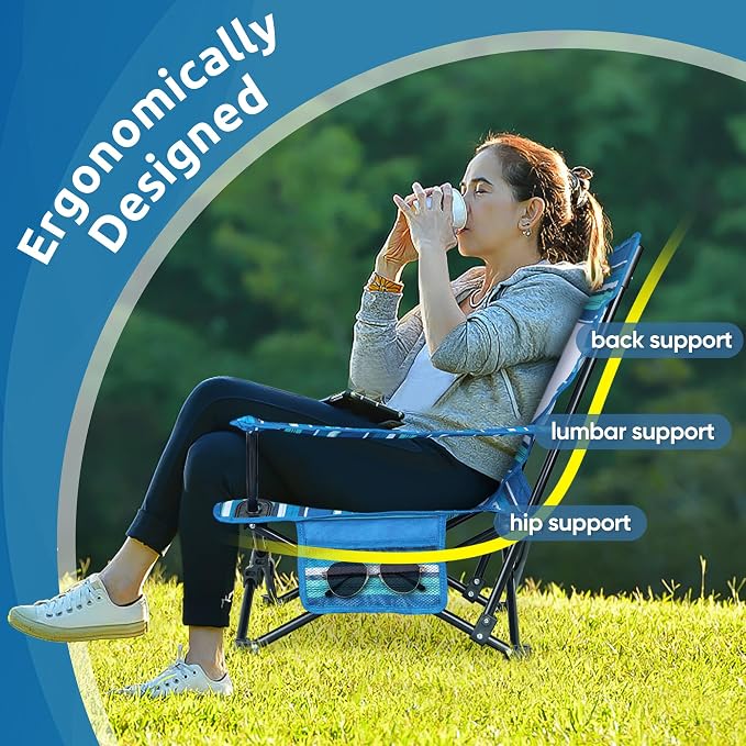 HaSteeL Folding Beach Chair Set of 2, Foldable Striped Camping Chairs for Outside, Low Beach Chair Portable for Adults Fishing, Picnic, Outdoor BBQ, Travel, Sports, Cup Holder & Storage Bag - Image 4