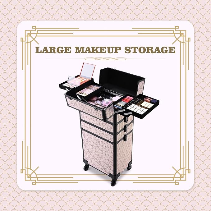 BYOOTIQUE Rolling Makeup Case 4in1 Cosmetology case on wheels Makeup Artist | Aluminum Rolling Makeup Suitcase with 360° Detachable Wheel Lockable 54Lb Large Capacity Organizer Nail Tech AD Tyrian - Image 2