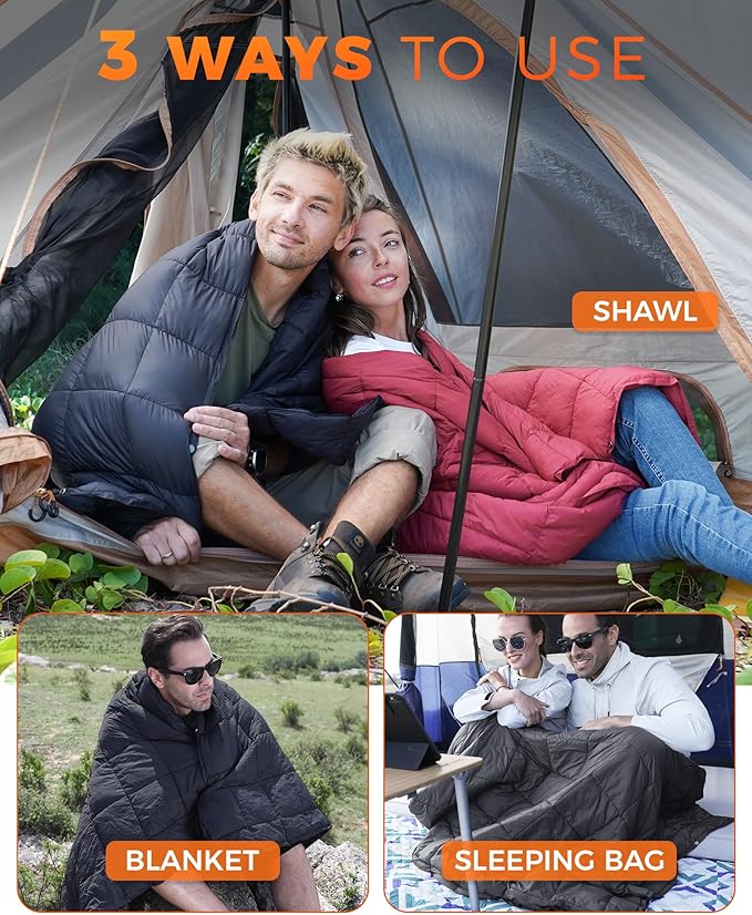 KingCamp Ultralight Camping Blanket, Packable Down Alternative Puffy Wearable Blankets Weatherproof Warm Package Quilt with Snap Buttons for Outdoor Hiking Travel Picnic Stadium (78.7" x 56.7", BLACK) - Image 6