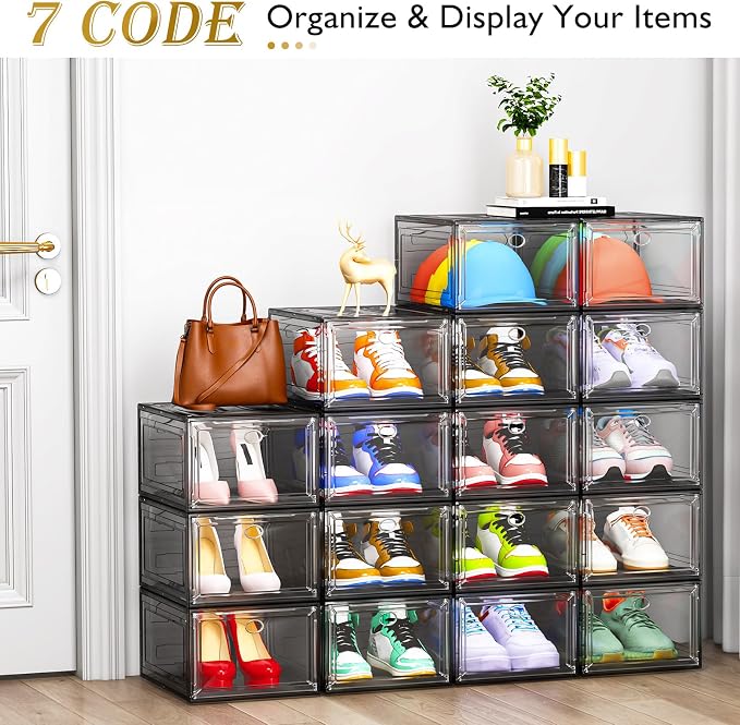 12 Pack Clear Shoe Storage Organizer with Magnetic Door, Stackable Plastic Shoe Boxes for Sneakers, Boots, and Heels, Space-Saving Foldable Shoe Rack for Closet, Durable Shoe Cabinet Organizer, Black - Image 3